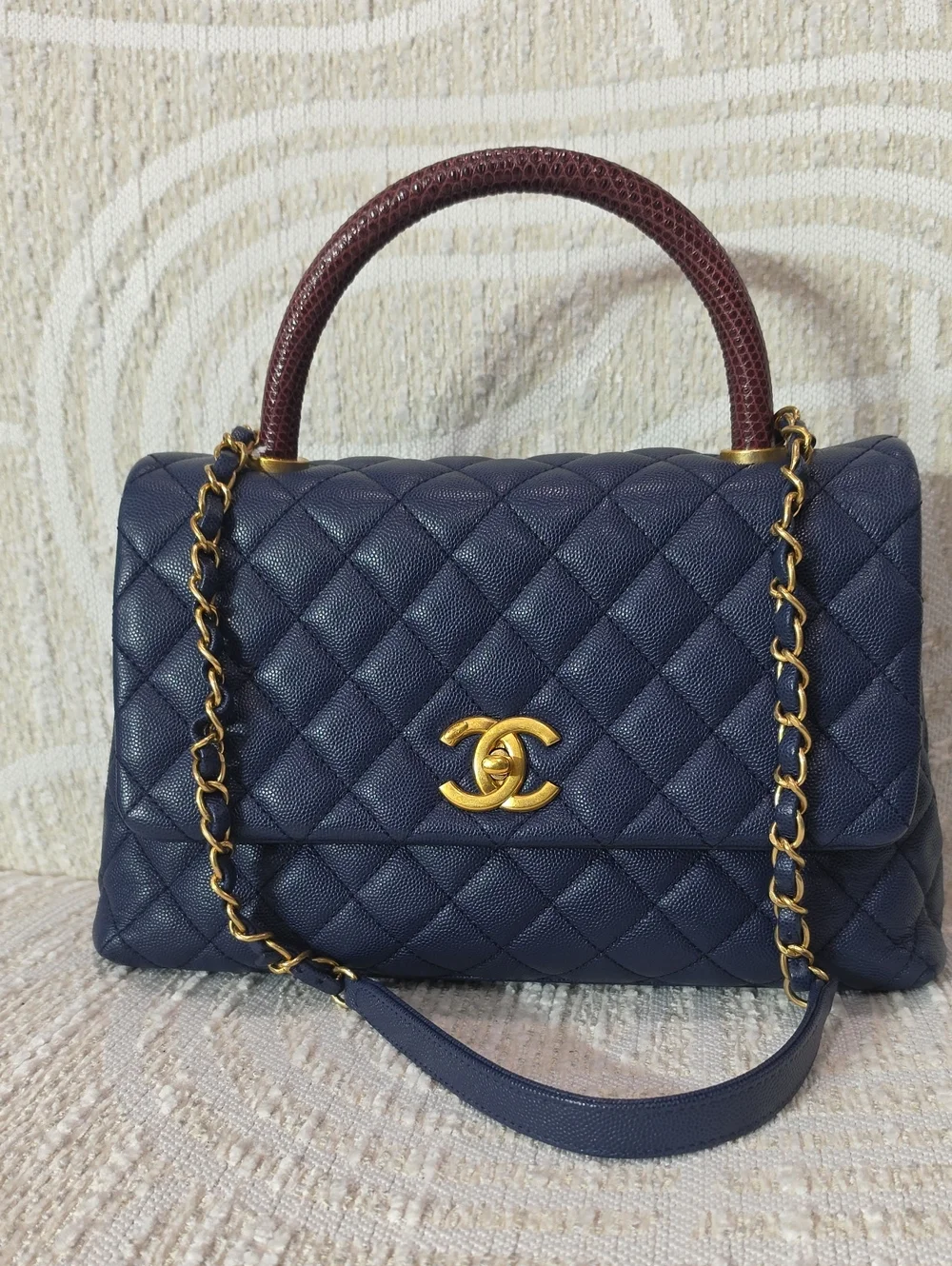 CHANEL Coco Navy Quilted Leather Top Handle Satchel with Burgundy Lizard Handle